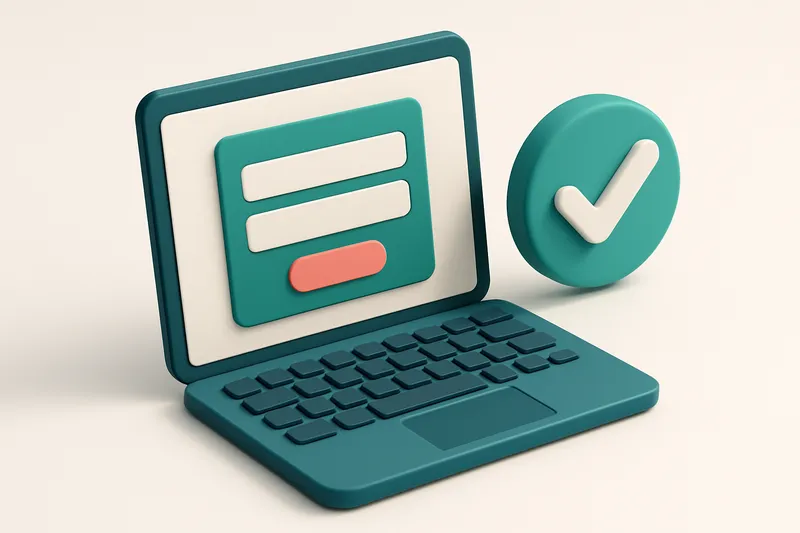 Hero: an isometric laptop with an email signup form on the screen, next to a large green checkmark symbolizing verified