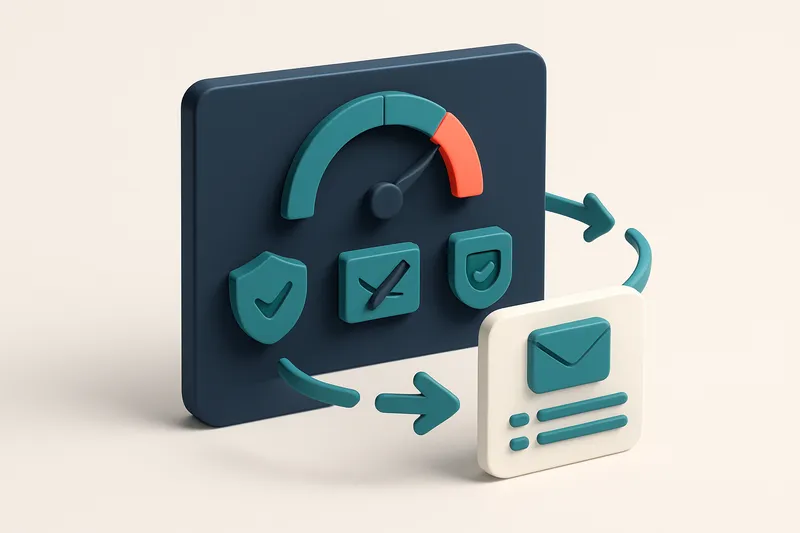 Hero: an isometric illustration of a large dashboard featuring a domain health gauge, email security protocols like SPF,
