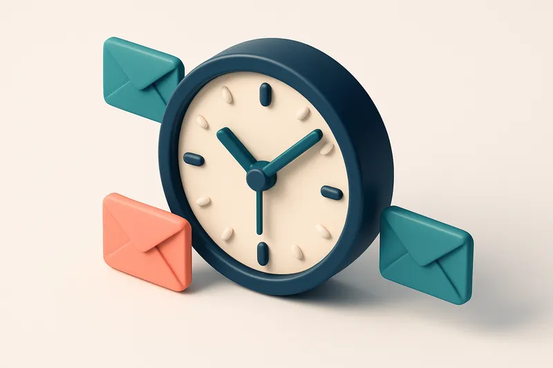 Hero: an isometric clock with email envelopes around it, signifying synchronization between time and email sending.