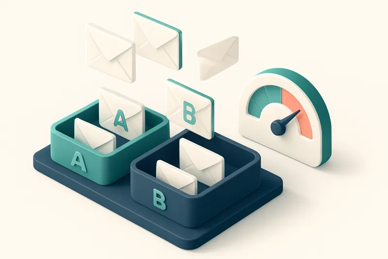 Hero: an isometric email inbox split into two sections with envelopes flowing into each, marked 'version A' and 'version