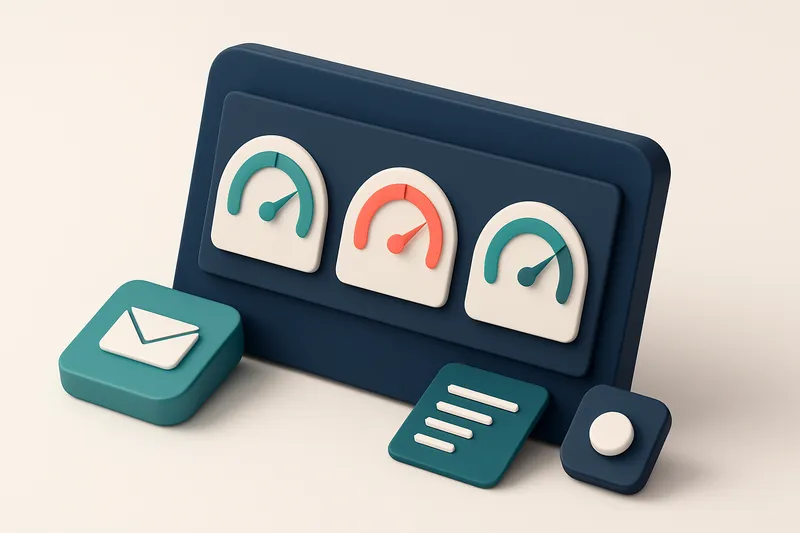 Hero: an isometric dashboard with email metrics displayed on screens, showing gauges for delivery, open, and click-throu