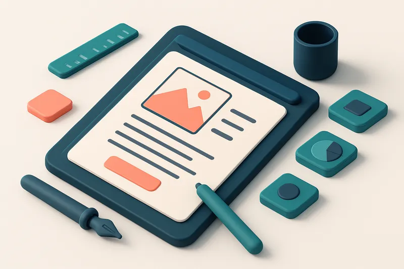 Hero: an isometric illustration of a digital drawing board with various design tools for newsletters scattered around, w