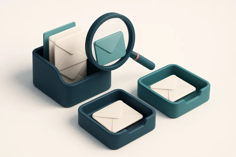 Hero: an isometric email inbox with envelopes being separated into two trays, marked 'valid' and 'invalid', a magnifying