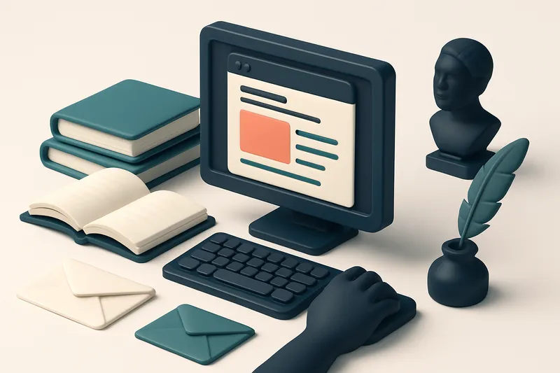 Hero: an isometric illustration of an email newsletter being crafted at a digital workstation with open books, envelopes