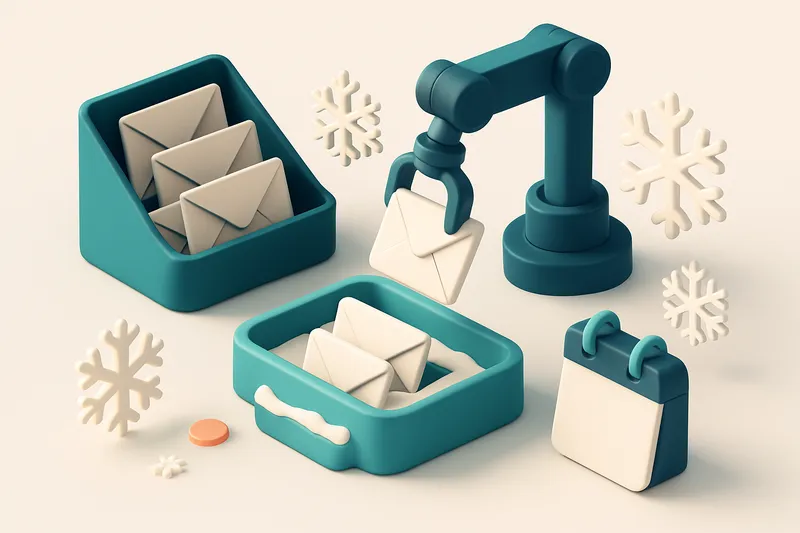 Hero: an isometric email inbox with multiple envelopes being sorted by a robotic arm into a winter-themed tray marked 'J