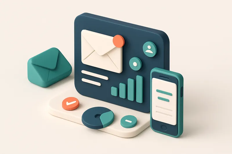 Hero: An isometric email dashboard with various icons representing newsletter elements like an envelope, a smartphone, a