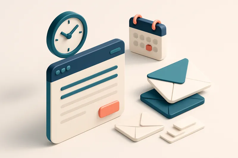 Hero: 3D isometric illustration of an email composition dashboard showing a clock at Saturday, calendars highlighting a