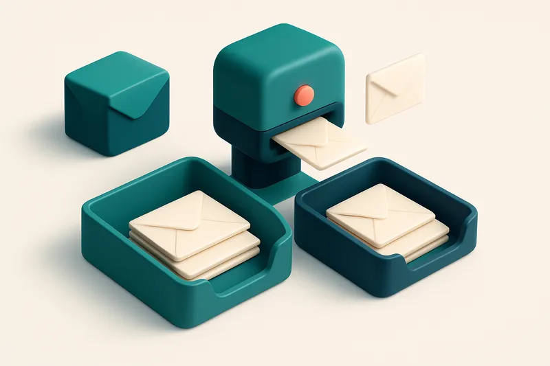 Hero: a 3D isometric illustration of an email inbox with envelopes labeled 'valid' and 'invalid', sorted into respective