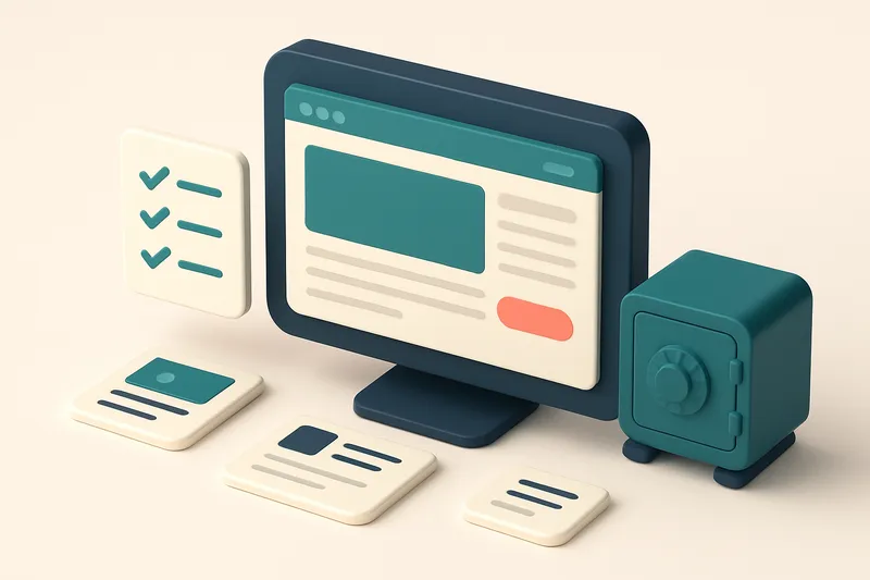 Hero: an isometric view of a website homepage on a large monitor with a checklist and a digital safe representing securi