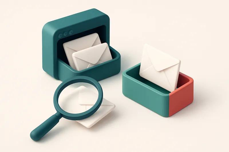 Hero: an isometric email inbox with envelopes being sorted into a green 'deliverable' box and a red 'bounced' box, a mag