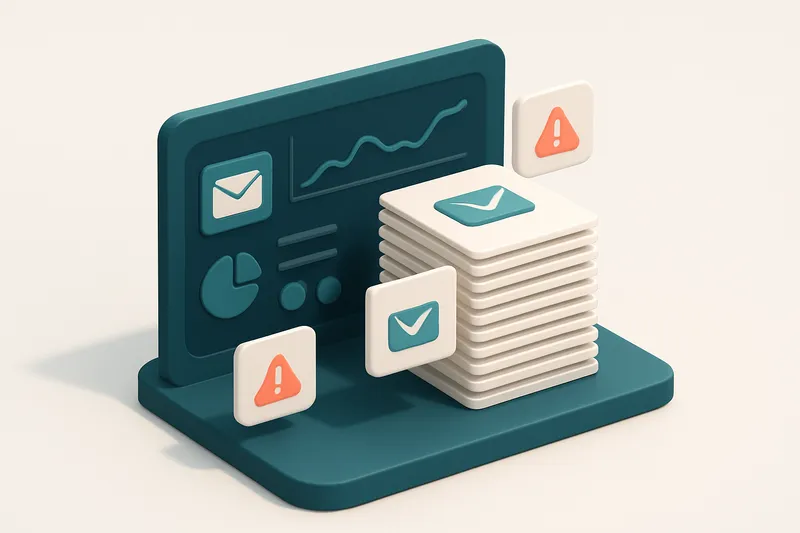 Hero: an isometric illustration of an email dashboard analyzing a large stack of emails, with some flagged for errors, a