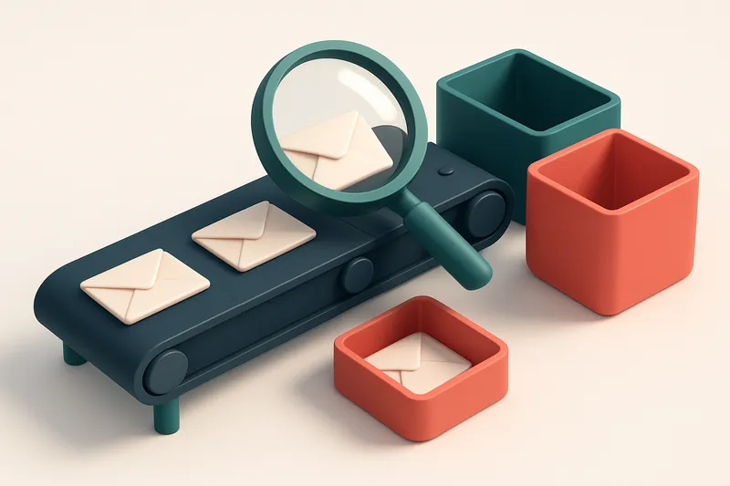 Hero: an isometric scene of a conveyor belt sorting envelopes into green 'valid' and red 'invalid' bins, with a magnifyi