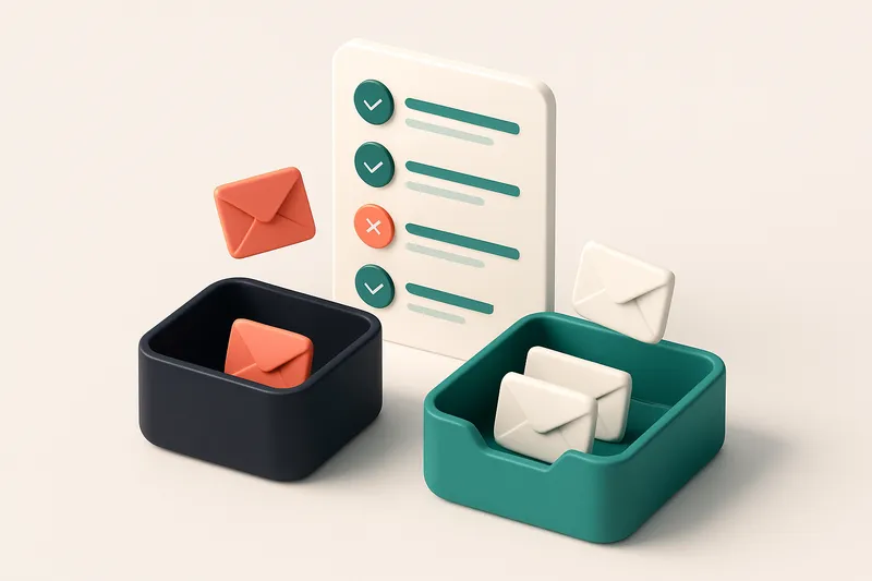 Hero: an isometric illustration featuring a digital list, with envelopes being sorted into a black 'blocked' bin and a g