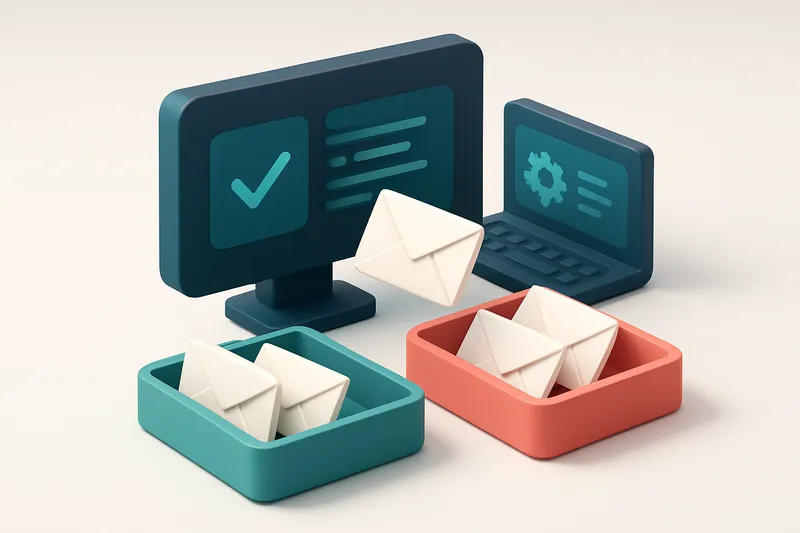 Hero: an isometric email inbox with envelopes being sorted onto a green 'valid' tray and a red 'invalid' tray, computers