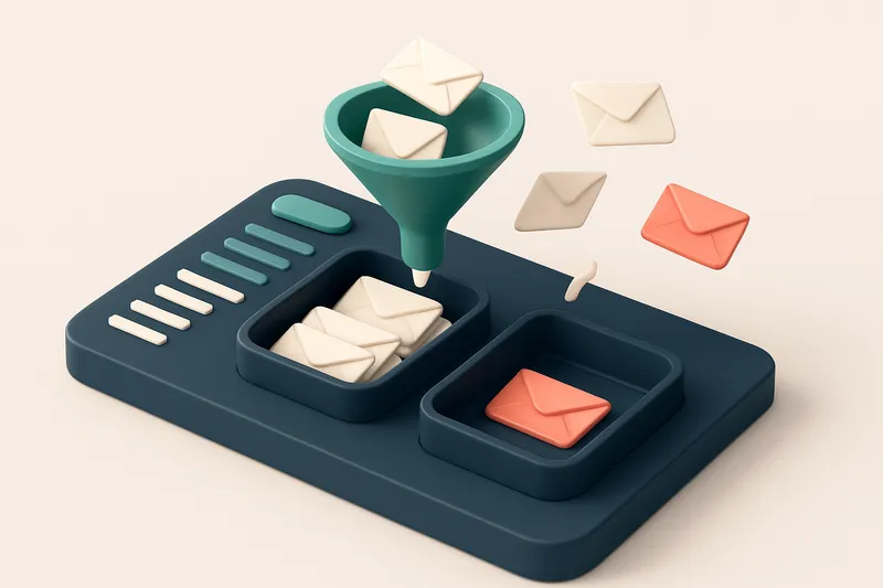 Hero: an isometric email dashboard showing a funnel with valid emails being sorted into the inbox and bounces being redi