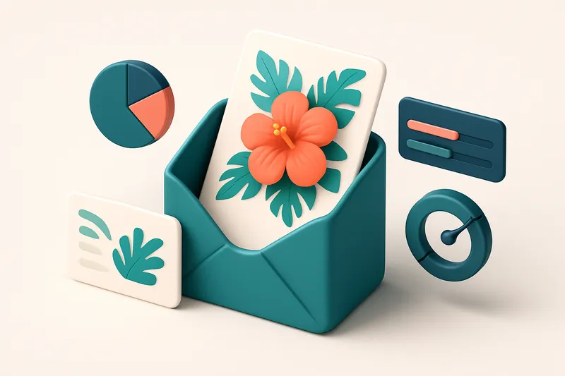 Hero: an isometric illustration of an email inbox receiving colorful, tropical-themed newsletters, surrounded by gauges