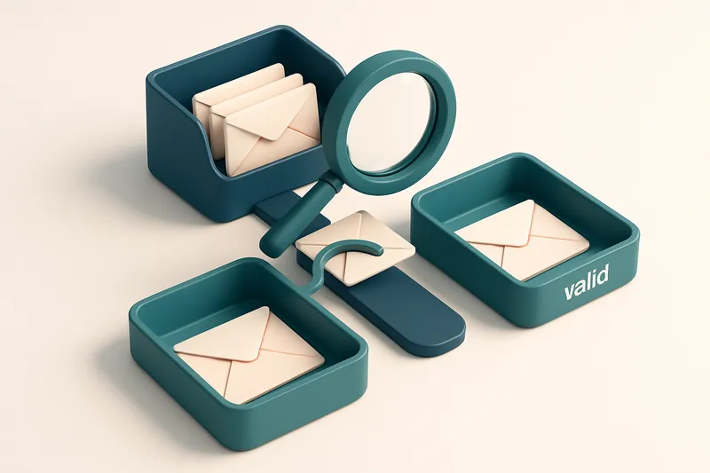 Hero: An isometric email inbox with envelopes being sorted into two trays labeled 'valid' and 'invalid', with a magnifyi