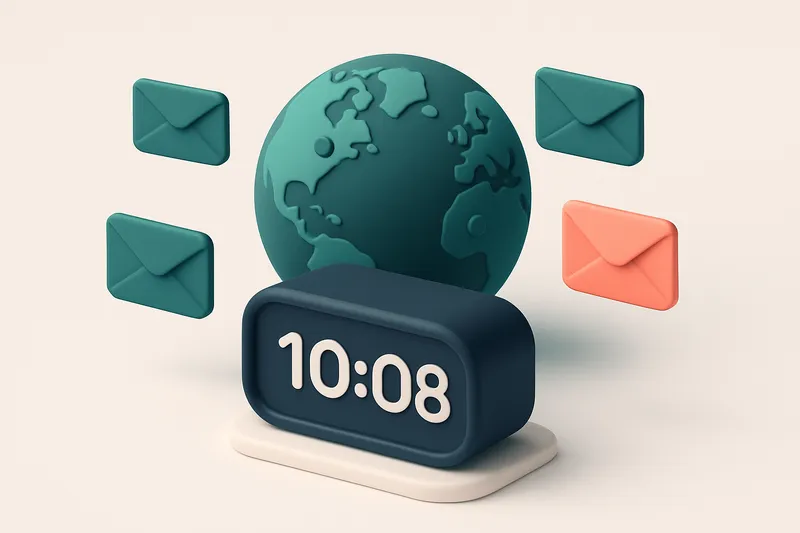 Hero: An isometric digital clock surrounded by floating email envelopes, a globe in the background with time zone marker