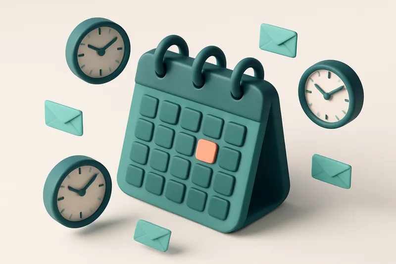 Hero: A 3D isometric calendar with a highlighted Thursday, surrounded by clocks at different times, and miniature email