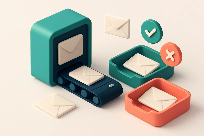 Hero: an isometric email inbox with envelopes being sorted into two trays — a green 'valid' tray with checkmarks and a r