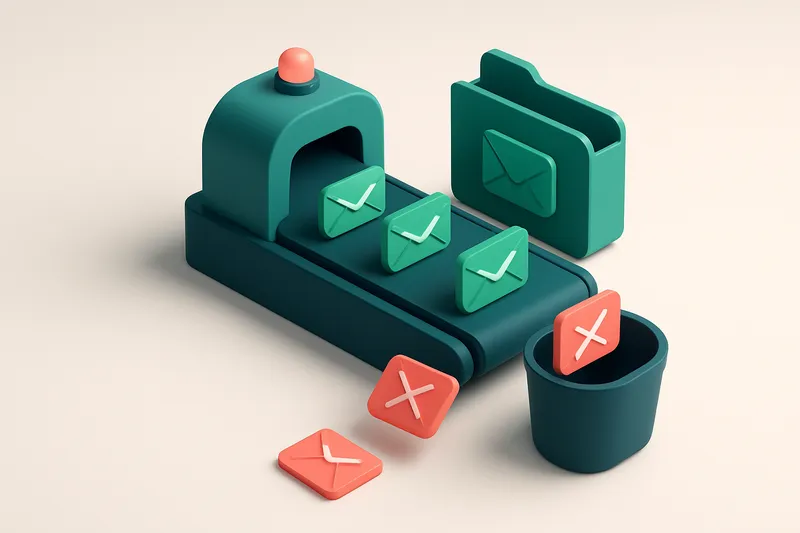Hero: an isometric email conveyor belt processing emails, with green 'clean' emails being moved towards a folder and red