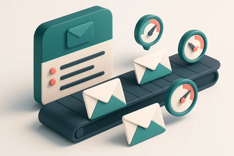 Hero: an isometric scene of an email inbox with envelopes marked by engagement metrics gauges (open, click rates) coming