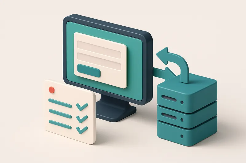 Hero: an isometric dashboard with a computer screen displaying a contact form, a server with arrows indicating data flow