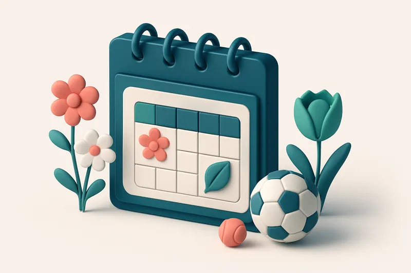 Hero: an isometric illustration of a digital calendar marked with March-specific events, surrounded by spring-themed ele