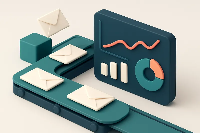 Hero: an isometric email inbox with envelopes being delivered by conveyer belts, moving towards a dynamic feedback dashb