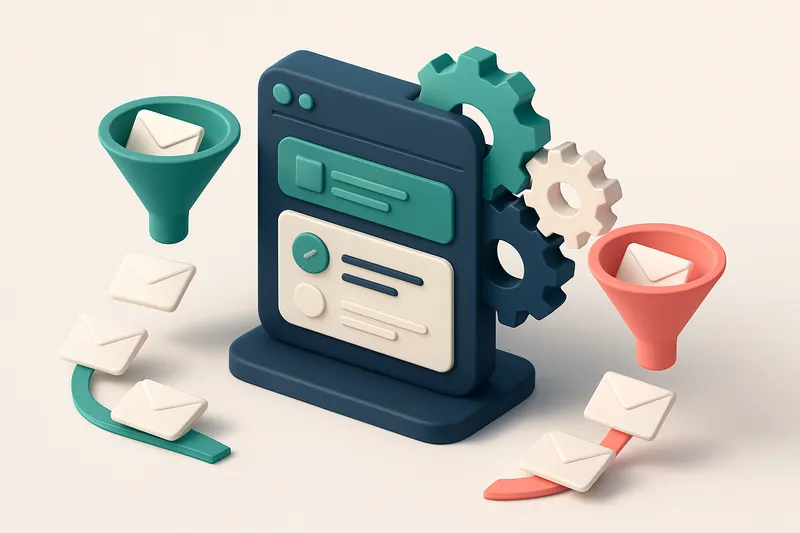 Hero: an isometric email dashboard with a series of gears for verification processing, streams of emails flowing through
