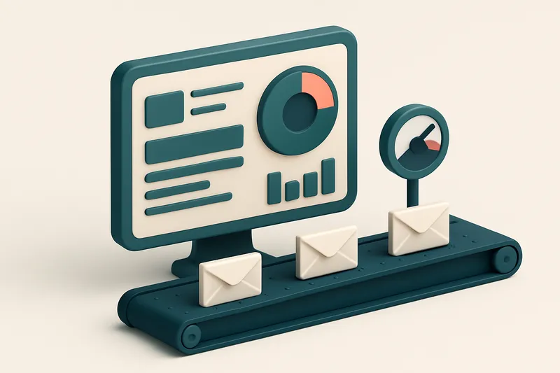 Hero: an isometric computer screen displaying a dashboard, with a conveyor belt moving envelopes and a percentage accura