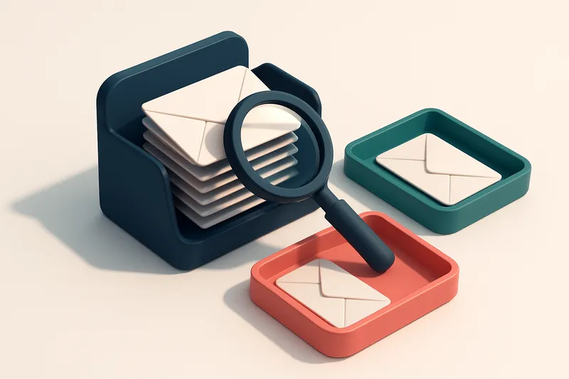Hero: an isometric email inbox with envelopes being sorted onto a green 'valid' tray and a red 'invalid' tray, a magnify