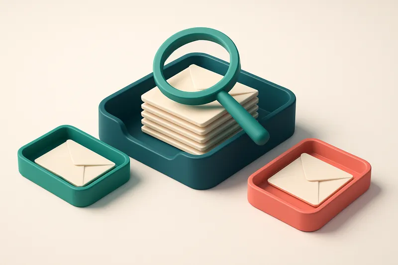 Hero: an isometric email inbox with envelopes being sorted onto a green 'valid' tray and a red 'invalid' tray, a magnify