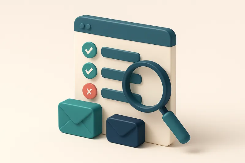 Hero: isometric illustration of an email dashboard with a large checklist showing valid and invalid email trays, a magni