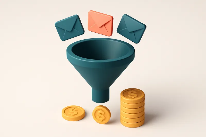 Hero: An isometric illustration of a funnel with emails being dropped into it, converting into money at the output.