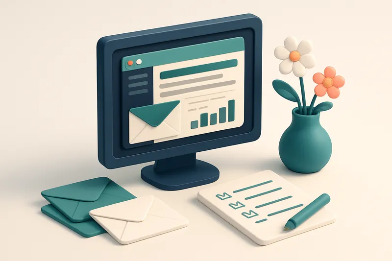 Hero: An isometric desk scene with a computer showing an email newsletter dashboard, envelopes, spring flowers, and a ch