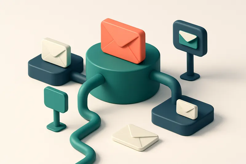 Hero: an isometric email network with small envelopes being directed through a series of tubes labeled with SMTP and MX