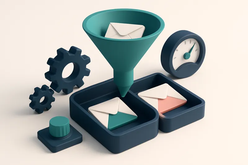 Hero: an isometric email dashboard with a large funnel filtering envelopes into 'valid' and 'invalid' sections, surround