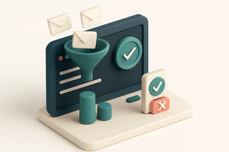 Hero: A 3D isometric illustration of a digital dashboard with email envelopes being processed through a funnel, represen