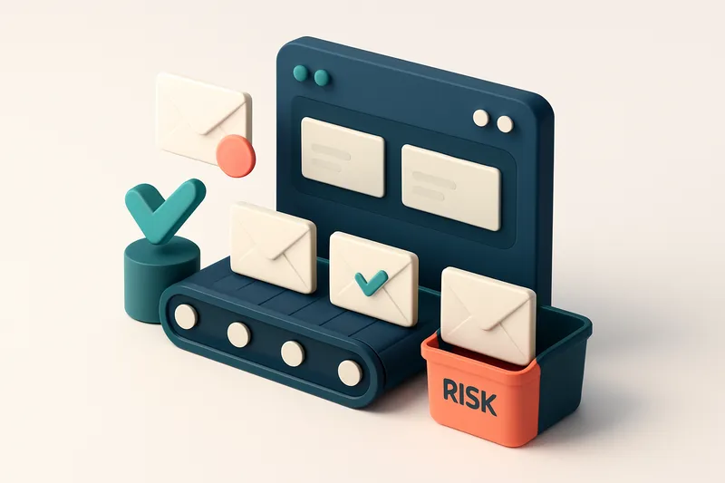 Hero: an isometric email dashboard with envelopes being processed through a conveyor belt, some marked with checkmarks a