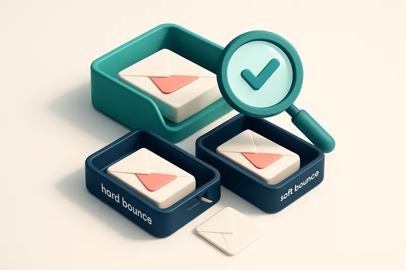 Hero: An isometric inbox with envelopes being sorted into 'hard bounce' and 'soft bounce' trays, with a magnifying glass