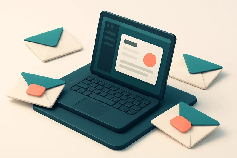 Hero: an isometric desk with a laptop open to an email dashboard, surrounded by envelopes marked with CTAs like 'Act Now