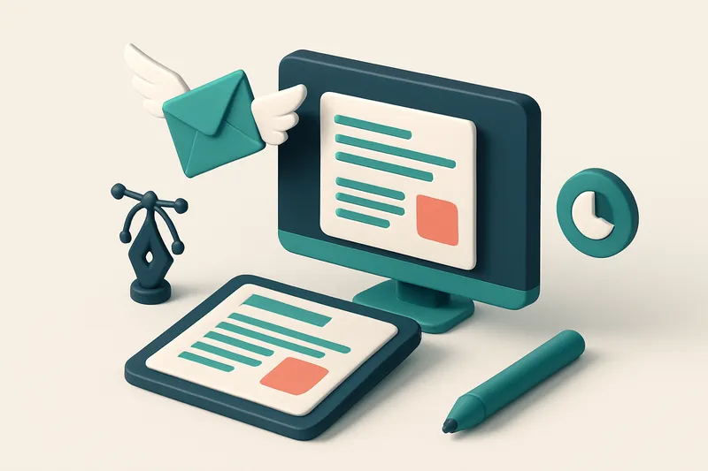 Hero: an isometric illustration of a newsletter being crafted on a digital desk, with an envelope with wings representin
