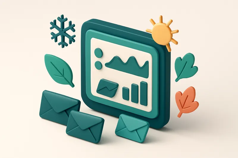 Hero: an isometric email dashboard displaying graphs and envelopes, surrounded by seasonal symbols like snowflakes, suns