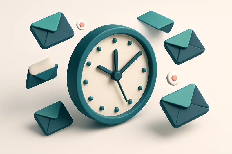 Hero: an isometric 3D illustration of a clock with emails scheduled around it, indicating optimal send times.