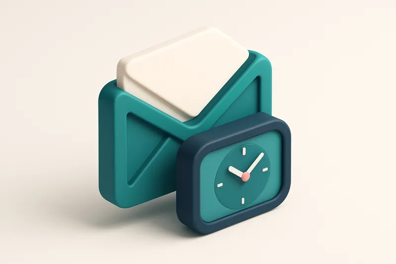 Hero: an isometric 3D illustration of a digital clock integrated into an email envelope symbolizing precise email timing