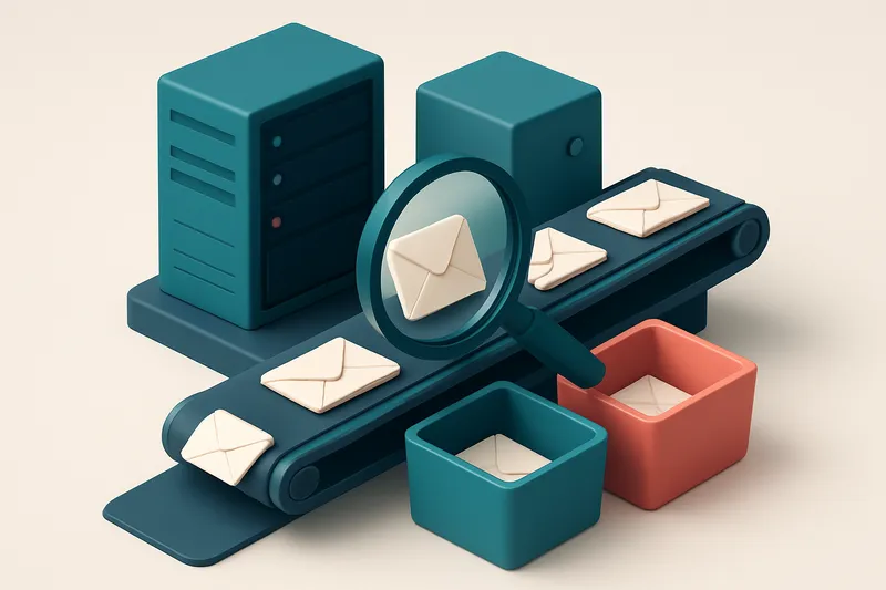Hero: a server room with email envelopes being scanned by a large, precise magnifying glass on a conveyor belt leading t