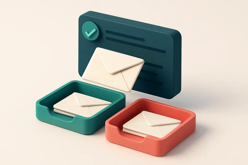 Hero: an isometric email inbox with envelopes being sorted onto a green 'valid' tray and a red 'invalid' tray.