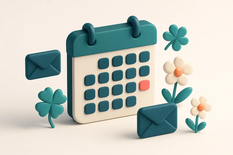Hero: an isometric scene of a digital calendar with March highlighted, surrounded by email icons and seasonal symbols li