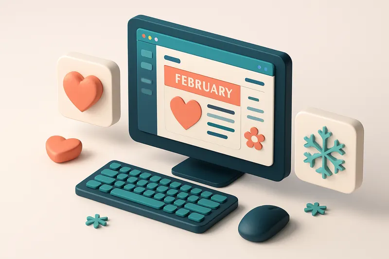 Hero: an isometric email workspace with a computer screen displaying a colorful, themed February newsletter draft, surro